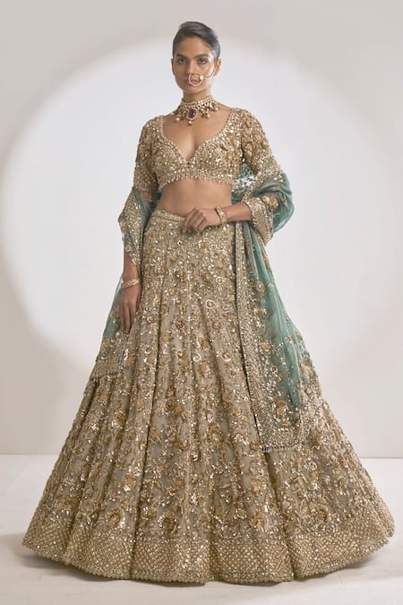 Shop_Seema Gujral_Gold Organza Zardozi Leaf Neck Embroidered Bridal Lehenga Set _Online_at_Aza_Fashions