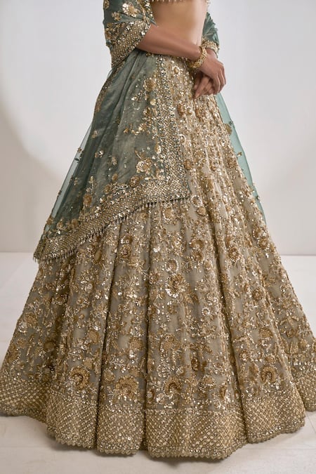 Seema Gujral_Gold Organza Zardozi Leaf Neck Embroidered Bridal Lehenga Set _at_Aza_Fashions