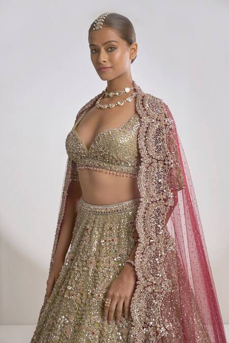 Seema Gujral_Green Net Crystal, Sequin, Bead Metallic Embroidered Bridal Lehenga Set_at_Aza_Fashions