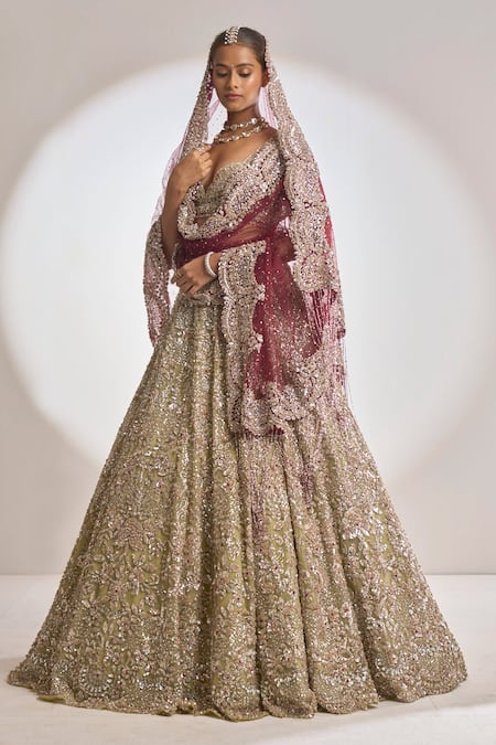 Shop_Seema Gujral_Green Net Crystal, Sequin, Bead Metallic Embroidered Bridal Lehenga Set_Online_at_Aza_Fashions
