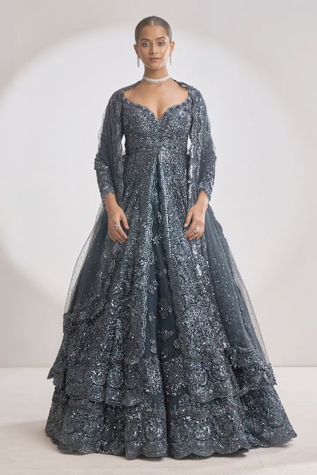 Shop_Seema Gujral_Grey Net Floral Sweetheart Neck Embroidered Jacket Lehenga Set _Online_at_Aza_Fashions