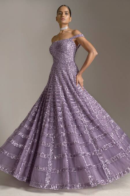Seema Gujral_Purple Net Geometric Pattern Off Shoulder Straight Neck Sequin Embroidered Gown_Online_at_Aza_Fashions