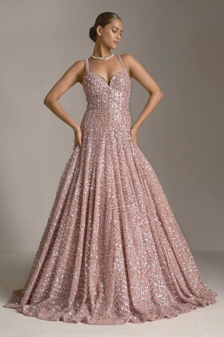 Seema Gujral_Pink Net Sequins In Geometric Pattern Plunge Sweetheart Neck Embroidered Gown_Online_at_Aza_Fashions