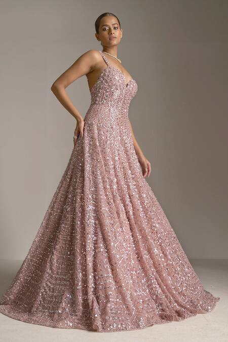 Buy_Seema Gujral_Pink Net Sequins In Geometric Pattern Plunge Sweetheart Neck Embroidered Gown_Online_at_Aza_Fashions