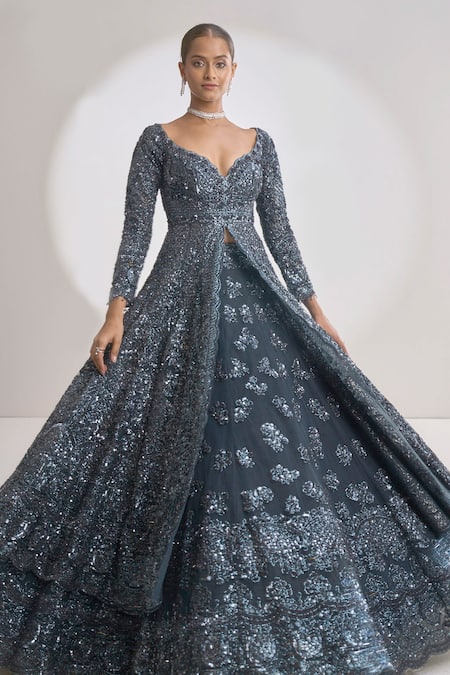 Seema Gujral_Grey Net Floral Sweetheart Neck Embroidered Jacket Lehenga Set _at_Aza_Fashions