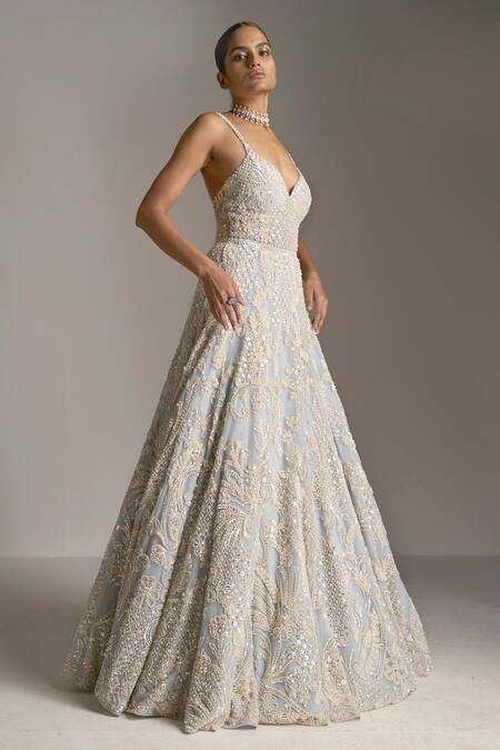 Seema Gujral_Blue Net Pearls, Sequins, Crystals Plunge V Neck Embroidered Gown _Online_at_Aza_Fashions