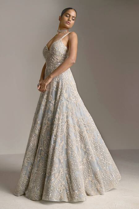Buy_Seema Gujral_Blue Net Pearls, Sequins, Crystals Plunge V Neck Embroidered Gown _Online_at_Aza_Fashions