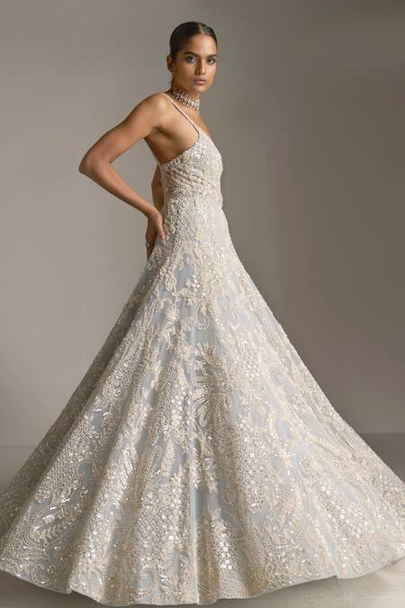 Shop_Seema Gujral_Blue Net Pearls, Sequins, Crystals Plunge V Neck Embroidered Gown _Online_at_Aza_Fashions