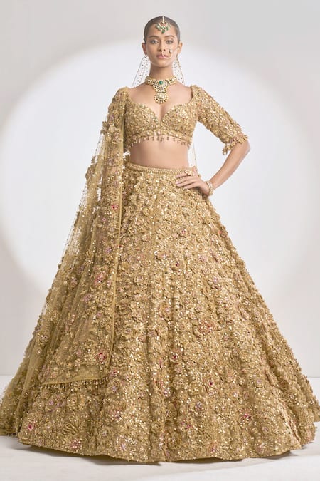 Buy_Seema Gujral_Gold Net Floral Sweetheart Neck Metallic Embroidered Bridal Lehenga Set _Online_at_Aza_Fashions