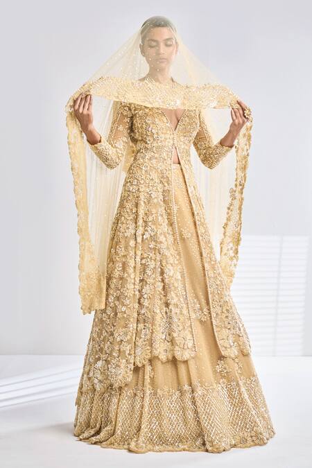 Buy_Seema Gujral_Gold Net Floral Plunge V Neck Embroidered Jacket Lehenga Set _Online_at_Aza_Fashions