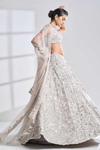 Seema Gujral_Grey Raw Silk Pearl, Sequin And Diamante V Neck Floral Pattern Lehenga Set_Online_at_Aza_Fashions
