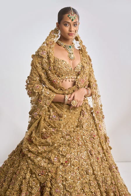 Seema Gujral_Gold Net Floral Sweetheart Neck Metallic Embroidered Bridal Lehenga Set _at_Aza_Fashions