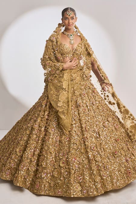 Shop_Seema Gujral_Gold Net Floral Sweetheart Neck Metallic Embroidered Bridal Lehenga Set _Online_at_Aza_Fashions