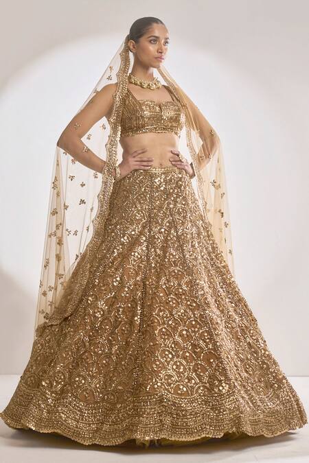 Shop Seema Gujral Gold Net Floral Notched Sequin Work Scallop Pattern Bridal Lehenga Set Online at Aza Fashions Shop_Seema Gujral_Gold Net Floral Notched Sequin Work Scallop Pattern Bridal Lehenga Set_Online_at_Aza_Fashions
