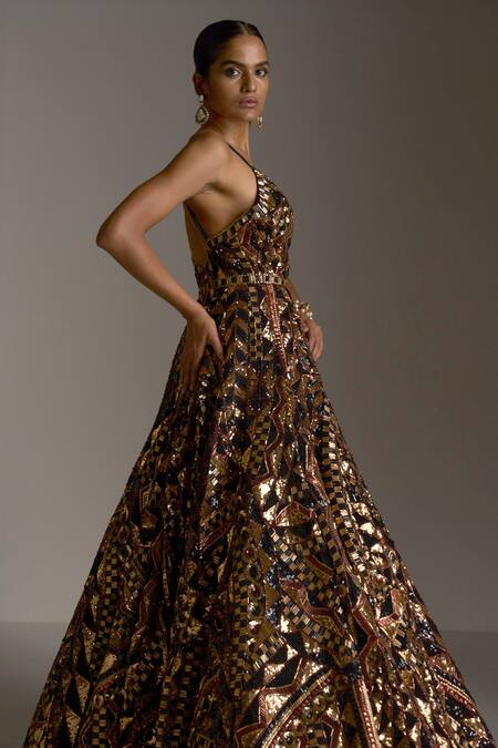 Shop_Seema Gujral_Brown Net Geometric Plunge V Neck Sequin Work Flared Gown_Online_at_Aza_Fashions