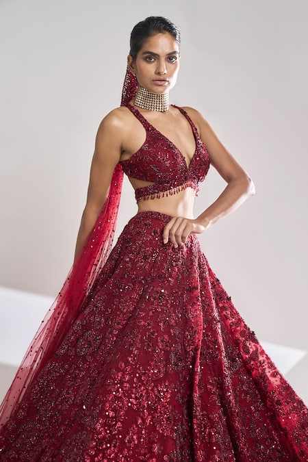 Buy_Seema Gujral_Maroon Net Crystal, Sequin, Beads Plunge V Neck Embroidered Bridal Lehenga Set _Online_at_Aza_Fashions
