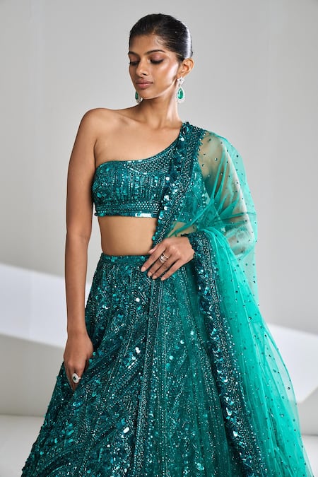 Shop Seema Gujral Green Net Sequins One Shoulder Embroidered Bridal Lehenga Set Online at Aza Fashions Shop_Seema Gujral_Green Net Sequins One Shoulder Embroidered Bridal Lehenga Set _Online_at_Aza_Fashions