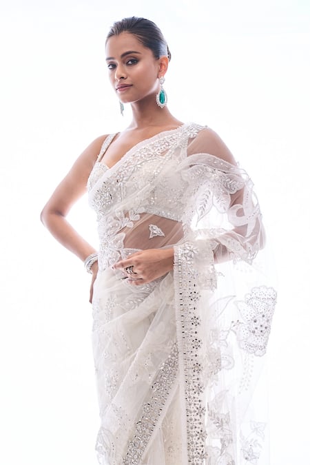 Buy Seema Gujral Ivory Net Mirror, Sequin And Beads Floral Applique Work Saree With Blouse Online at Aza Fashions Buy_Seema Gujral_Ivory Net Mirror, Sequin And Beads Floral Applique Work Saree With Blouse _Online_at_Aza_Fashions