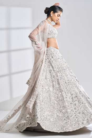 Buy_Seema Gujral_Grey Raw Silk Pearl, Sequin And Diamante V Neck Floral Pattern Lehenga Set_Online_at_Aza_Fashions