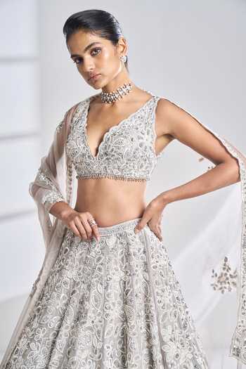 Shop_Seema Gujral_Grey Raw Silk Pearl, Sequin And Diamante V Neck Floral Pattern Lehenga Set_Online_at_Aza_Fashions