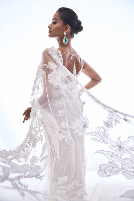 Shop Seema Gujral Ivory Net Mirror, Sequin And Beads Floral Applique Work Saree With Blouse Online at Aza Fashions Shop_Seema Gujral_Ivory Net Mirror, Sequin And Beads Floral Applique Work Saree With Blouse _Online_at_Aza_Fashions