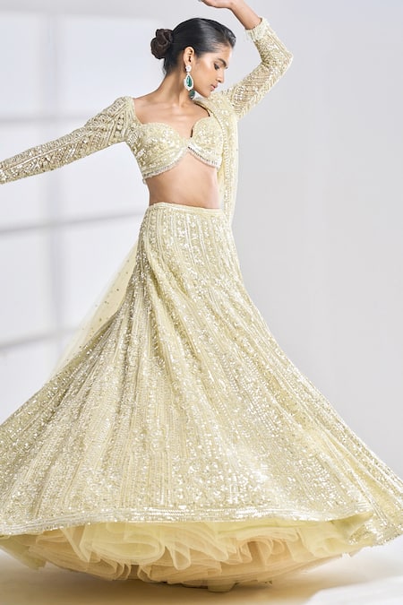 Buy_Seema Gujral_Green Net Sequin And Beads Sweetheart Neck Embroidered Bridal Lehenga Set _Online_at_Aza_Fashions