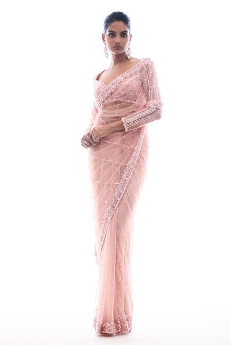 Seema Gujral_Pink Net Sequin Sweetheart Neck Embroidered Saree With Blouse_Online_at_Aza_Fashions