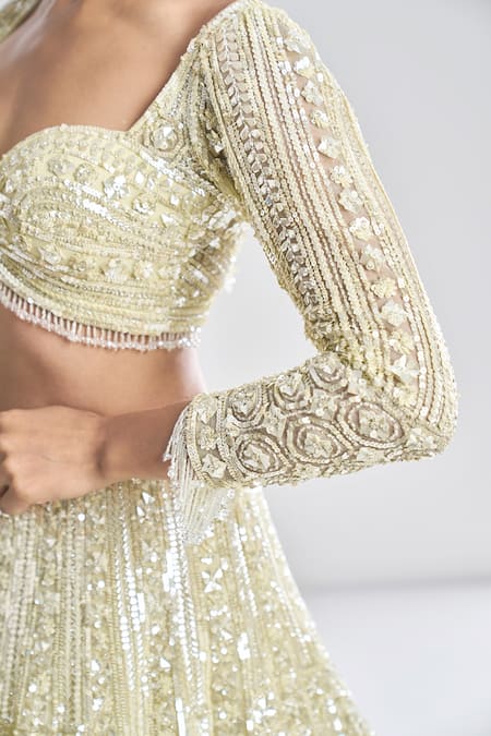 Seema Gujral_Green Net Sequin And Beads Sweetheart Neck Embroidered Bridal Lehenga Set _at_Aza_Fashions