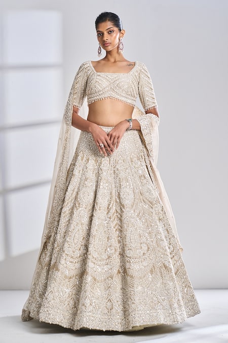 Seema Gujral Beige Dupatta Organza, Lehenga And Blouse Raw Silk Embroidered Bridal Set Online at Aza Fashions Seema Gujral_Beige Dupatta Organza, Lehenga And Blouse Raw Silk Embroidered Bridal Set _Online_at_Aza_Fashions