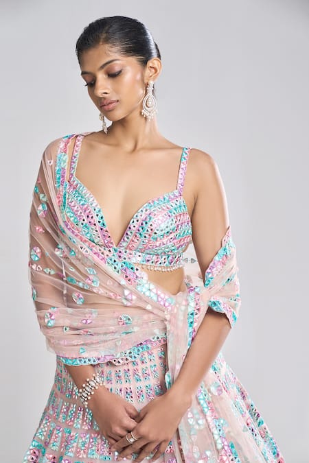 Seema Gujral_Pink Net Geometric Sweetheart Neck Mirror Embroidered Bridal Lehenga Set_Online_at_Aza_Fashions