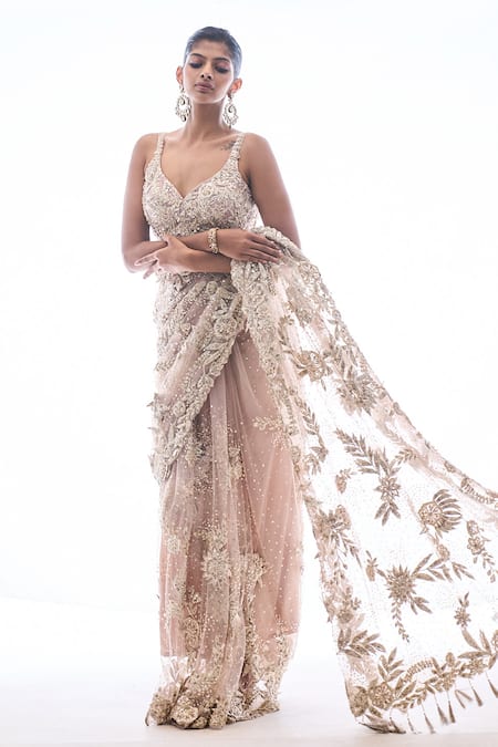 Buy_Seema Gujral_Beige Net Beads, Crystal And Pearls Leaf Neck 3d Floral Embroidered Saree Set _Online_at_Aza_Fashions