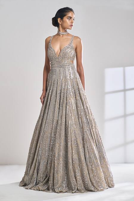 Seema Gujral Beige Net Sequins Plunge V Neck Embroidered Gown Online at Aza Fashions Seema Gujral_Beige Net Sequins Plunge V Neck Embroidered Gown_Online_at_Aza_Fashions