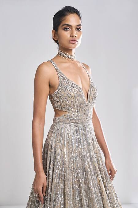 Buy Seema Gujral Beige Net Sequins Plunge V Neck Embroidered Gown Online at Aza Fashions Buy_Seema Gujral_Beige Net Sequins Plunge V Neck Embroidered Gown_Online_at_Aza_Fashions