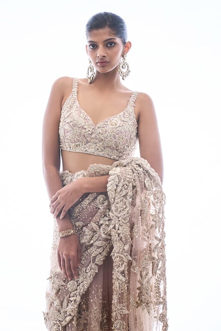 Shop_Seema Gujral_Beige Net Beads, Crystal And Pearls Leaf Neck 3d Floral Embroidered Saree Set _Online_at_Aza_Fashions