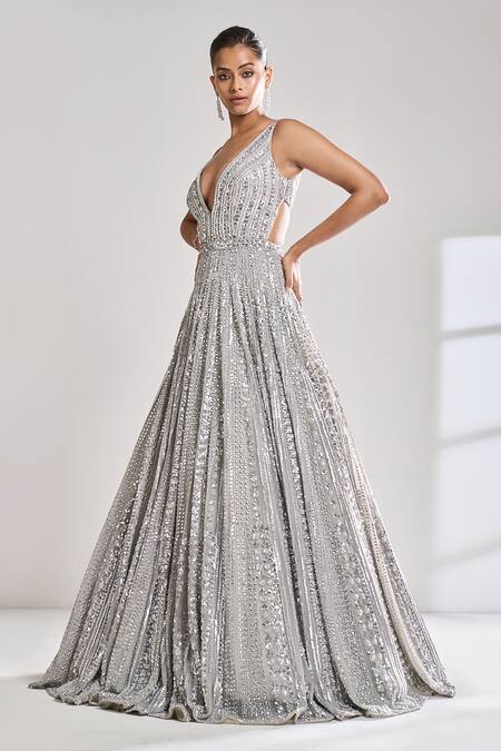 Seema Gujral_Silver Net Sequins, Crystals, Beads Plunge V Neck Embroidered Gown_Online_at_Aza_Fashions