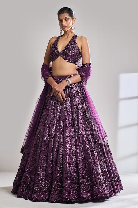 Seema Gujral Purple Net Sequins, Crystals, Beads V Neck Embroidered Bridal Lehenga Set at Aza Fashions Seema Gujral_Purple Net Sequins, Crystals, Beads V Neck Embroidered Bridal Lehenga Set _at_Aza_Fashions