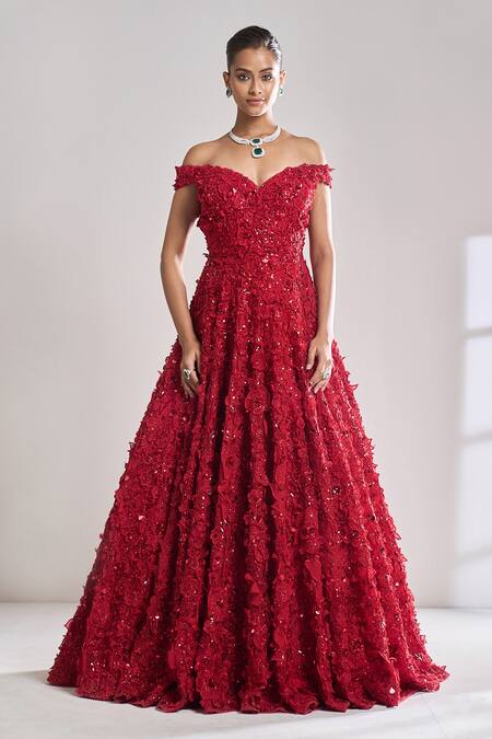 Seema Gujral Red Net Sequins, Crystals, Beads Sweetheart Neck 3d Floral Embroidered Gown Online at Aza Fashions Seema Gujral_Red Net Sequins, Crystals, Beads Sweetheart Neck 3d Floral Embroidered Gown_Online_at_Aza_Fashions