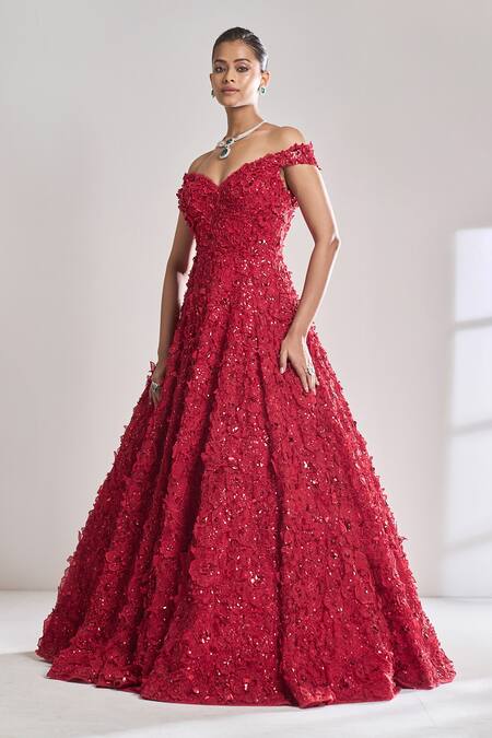 Buy Seema Gujral Red Net Sequins, Crystals, Beads Sweetheart Neck 3d Floral Embroidered Gown Online at Aza Fashions Buy_Seema Gujral_Red Net Sequins, Crystals, Beads Sweetheart Neck 3d Floral Embroidered Gown_Online_at_Aza_Fashions