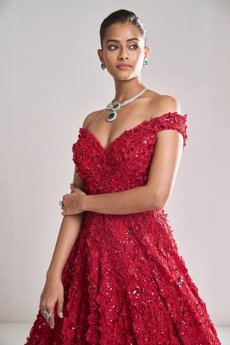 Shop Seema Gujral Red Net Sequins, Crystals, Beads Sweetheart Neck 3d Floral Embroidered Gown Online at Aza Fashions Shop_Seema Gujral_Red Net Sequins, Crystals, Beads Sweetheart Neck 3d Floral Embroidered Gown_Online_at_Aza_Fashions