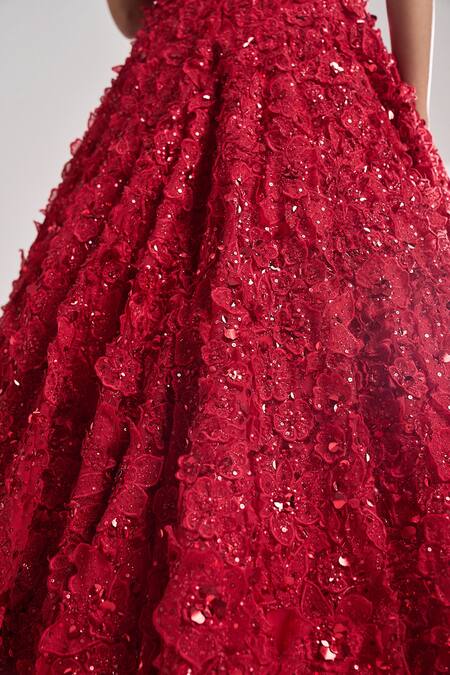 Seema Gujral Red Net Sequins, Crystals, Beads Sweetheart Neck 3d Floral Embroidered Gown at Aza Fashions Seema Gujral_Red Net Sequins, Crystals, Beads Sweetheart Neck 3d Floral Embroidered Gown_at_Aza_Fashions
