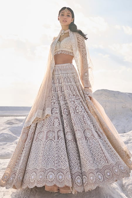 Shop_Seema Gujral_Beige Net Embroidery Thread Scallop Bordered Bridal Lehenga Set  _Online_at_Aza_Fashions