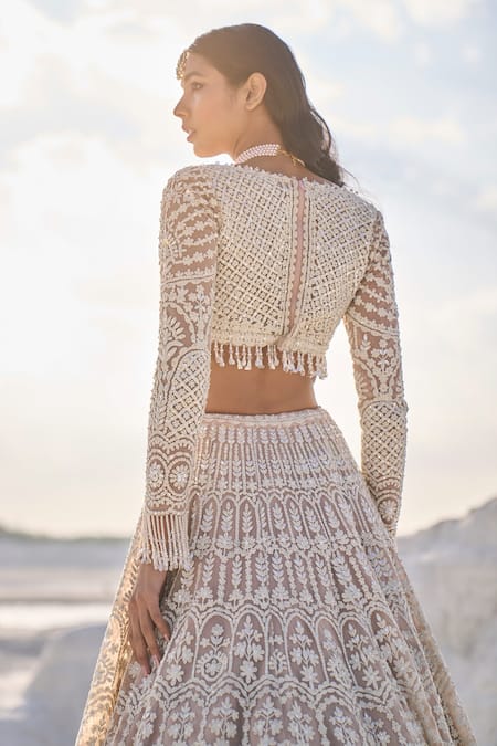 Buy_Seema Gujral_Beige Net Embroidery Thread Scallop Bordered Bridal Lehenga Set  