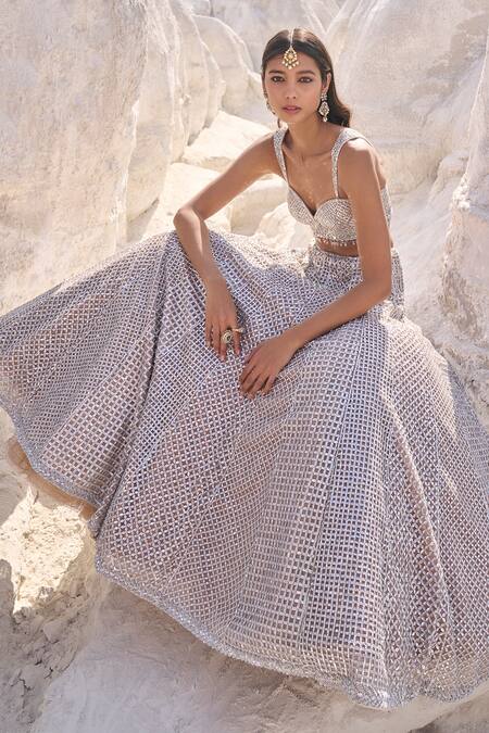 Shop_Seema Gujral_Brown Net Embroidery Geometric Sweetheart Neck Bridal Lehenga Set  _Online_at_Aza_Fashions