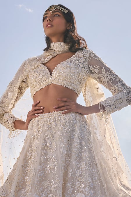 Seema Gujral_Cream Net Embroidery Fabric Sweetheart 3d Floral Bridal Lehenga Set  _Online_at_Aza_Fashions
