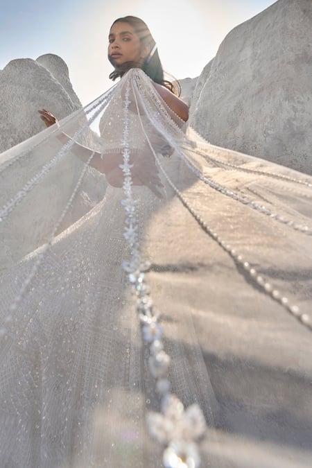 Seema Gujral Ivory Net Pearls, Sequins, Beads One Shoulder Embroidered Lehenga And Blouse Set Online at Aza Fashions Seema Gujral_Ivory Net Pearls, Sequins, Beads One Shoulder Embroidered Lehenga And Blouse Set _Online_at_Aza_Fashions