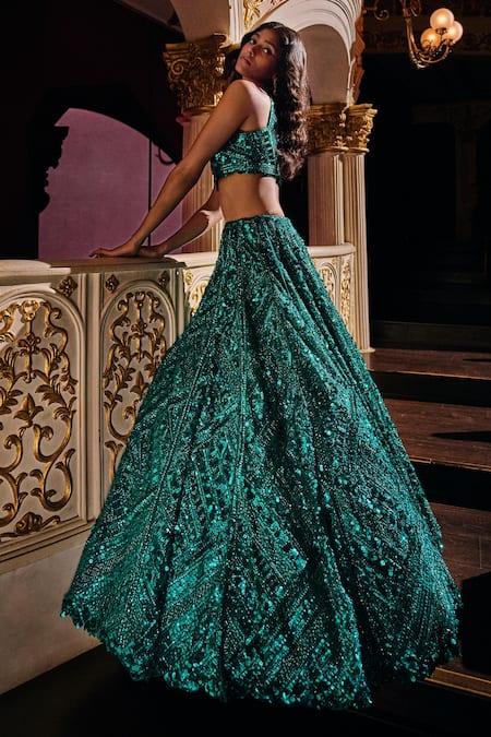 Seema Gujral Green Net Sequins One Shoulder Embroidered Bridal Lehenga Set at Aza Fashions Seema Gujral_Green Net Sequins One Shoulder Embroidered Bridal Lehenga Set _at_Aza_Fashions