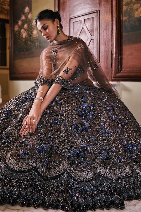 Buy Chocolate Brown Maharani Bridal Lehenga In Velvet With Heavy Floral  Embroidery - NOOR 2022