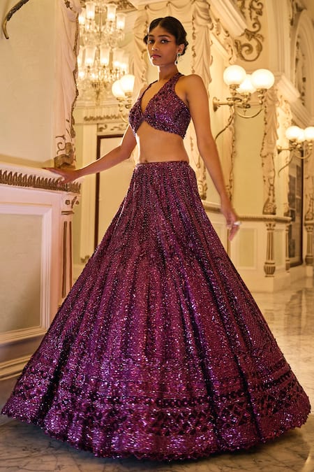 Shop Seema Gujral Purple Net Sequins, Crystals, Beads V Neck Embroidered Bridal Lehenga Set Online at Aza Fashions Shop_Seema Gujral_Purple Net Sequins, Crystals, Beads V Neck Embroidered Bridal Lehenga Set _Online_at_Aza_Fashions