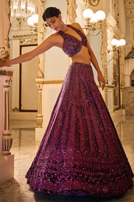 Shop Seema Gujral Purple Net Sequins, Crystals, Beads V Neck Embroidered Bridal Lehenga Set Shop_Seema Gujral_Purple Net Sequins, Crystals, Beads V Neck Embroidered Bridal Lehenga Set