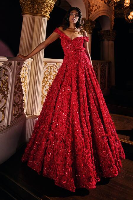 Shop Seema Gujral Red Net Sequins, Crystals, Beads Sweetheart Neck 3d Floral Embroidered Gown Shop_Seema Gujral_Red Net Sequins, Crystals, Beads Sweetheart Neck 3d Floral Embroidered Gown